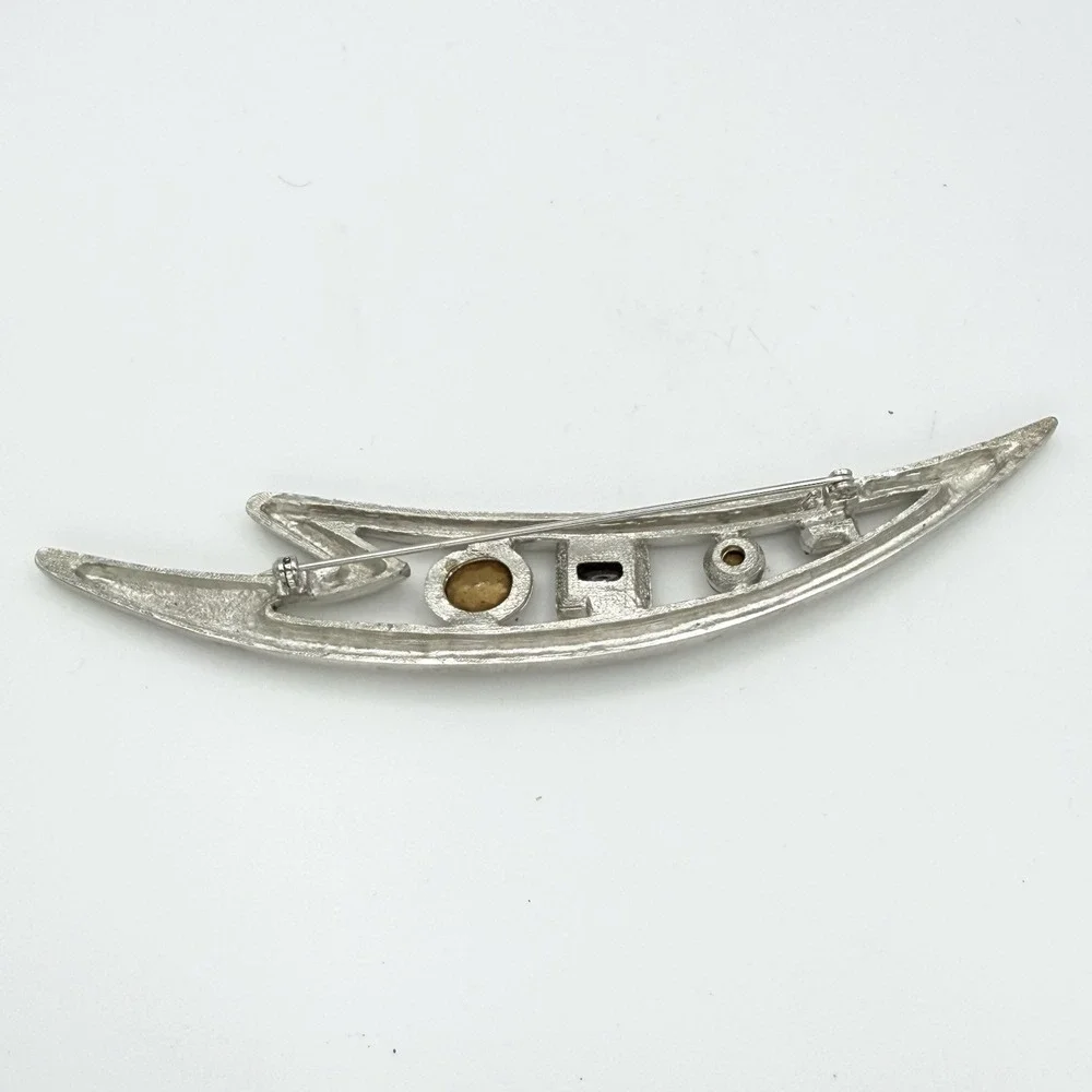 Large Modernist Bar Brooch Silver Tone Black Clear Rhinestone 5.25